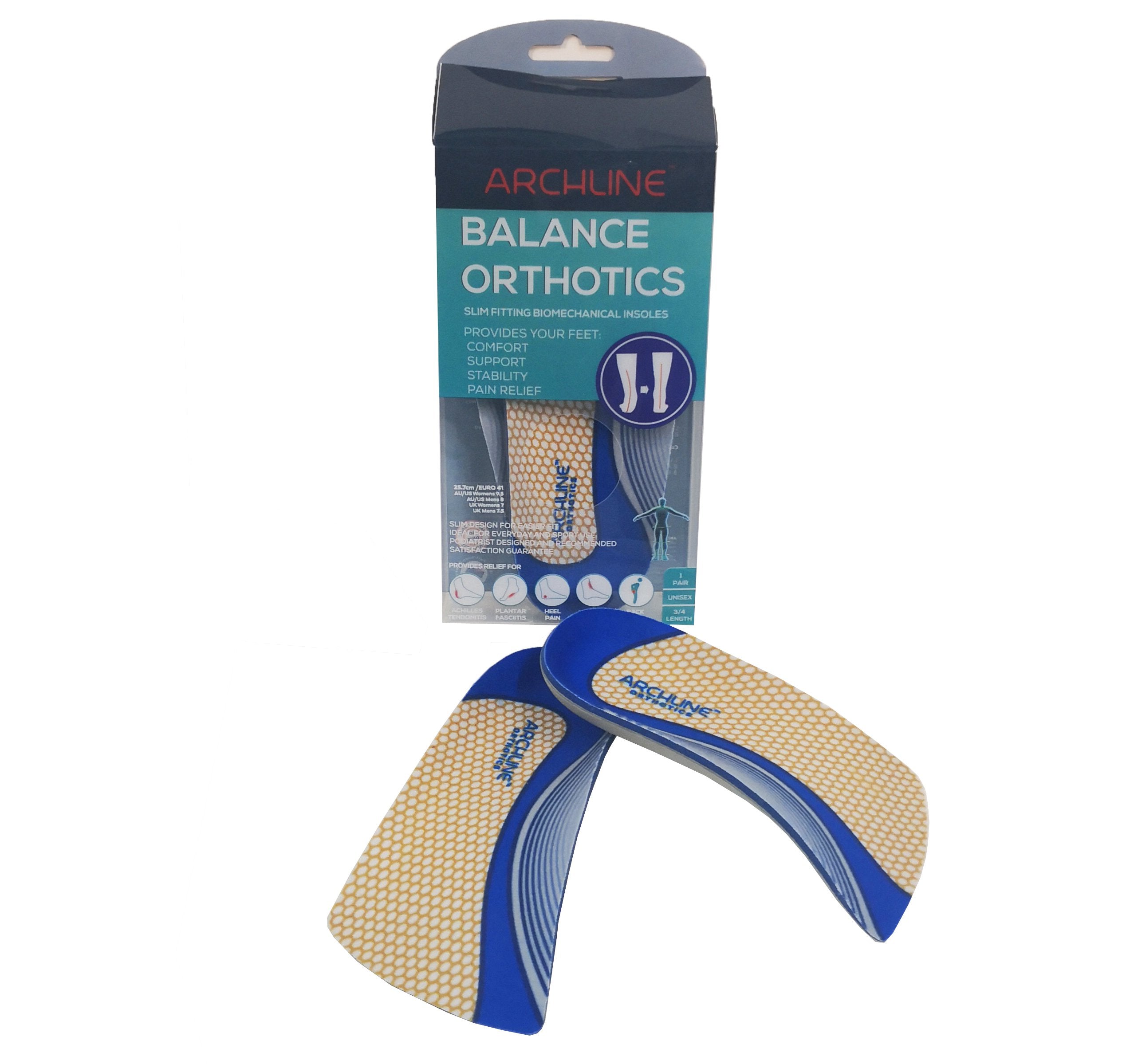 Archline Orthotic Insoles Slimline – 3/4 Length (Unisex) Plantar Fasciitis Foot Pain Relief