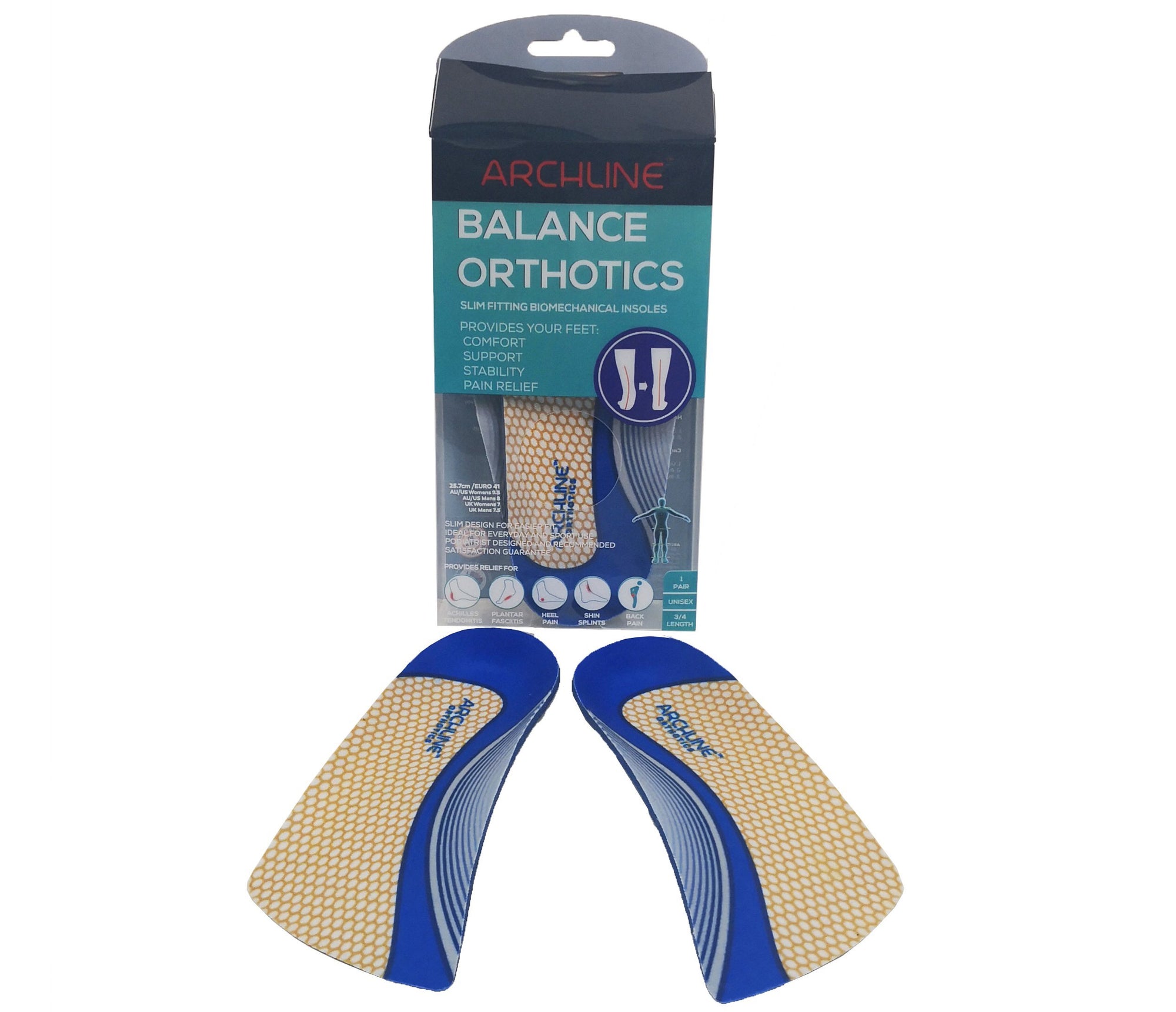Archline Orthotic Insoles Slimline 3/4 Length (Unisex) Plantar Fasci